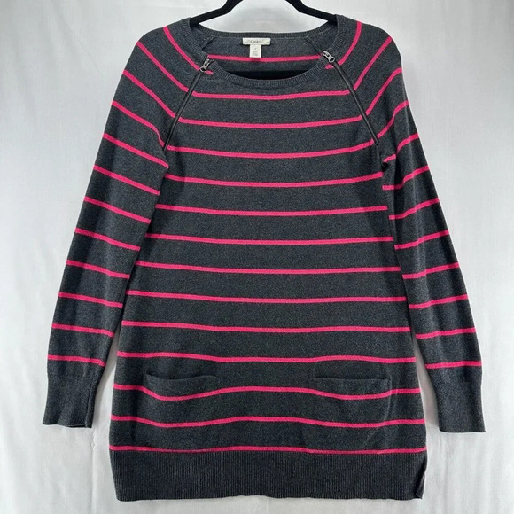 Caslon Sweater Womens Size S Striped Tunic Zip Shoulder Long Sleeve Gray Pink - Picture 1 of 11